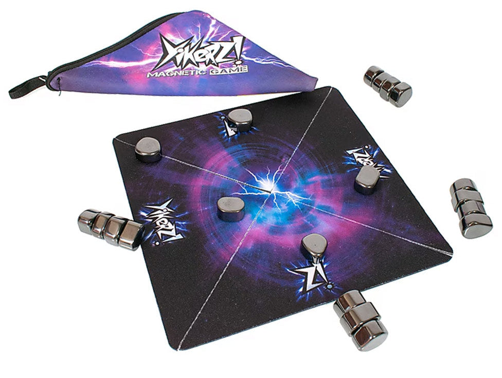 The image displays a strategic board game named 'Yikerz', which includes a game board with a magnetic force theme, several metallic pieces, and a black and purple travel pouch.
