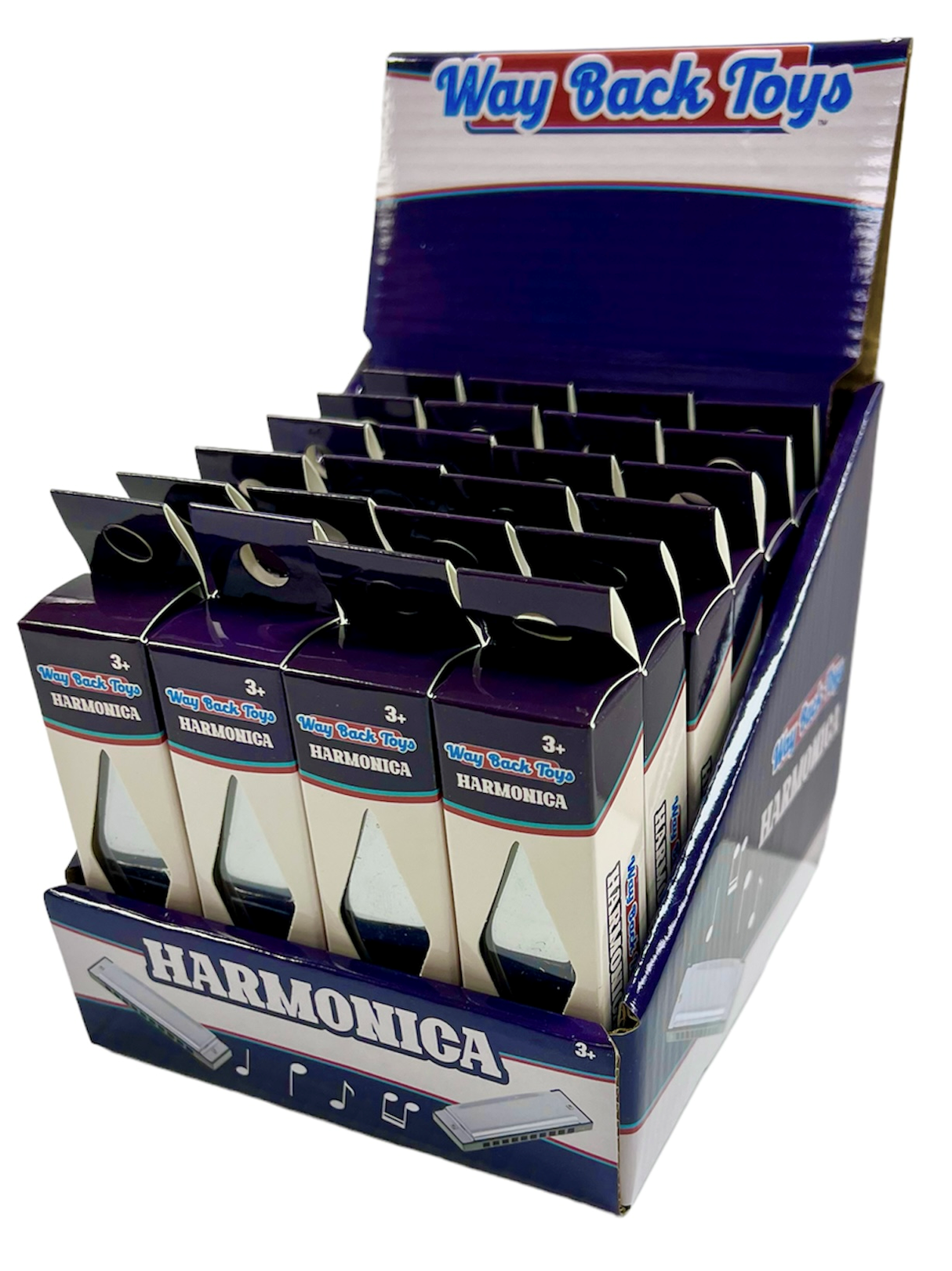 Way Back Toy disply of 24 harmonicas