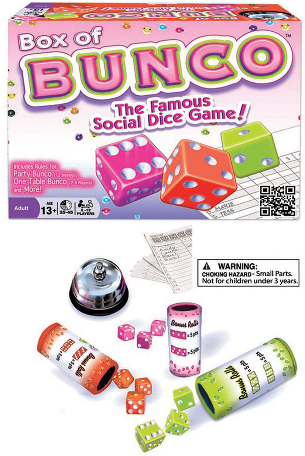 The image shows the board game 'Box of Bunco' with components including dice, game pieces, and a game board.