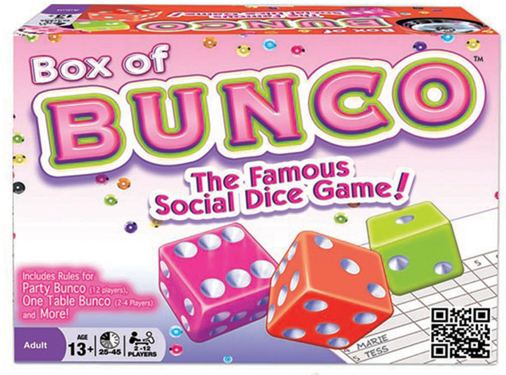 Box of Bunco game with colorful dice and text on a white background