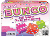 Box of Bunco game with colorful dice and text on a white background
