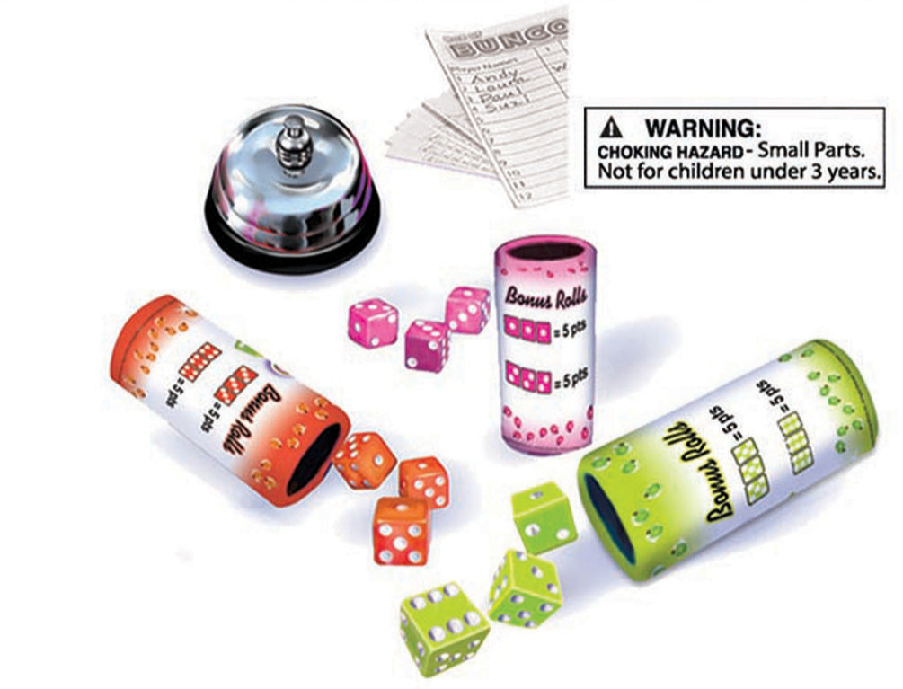 Box of Bunco - Dice rolls with dice and a bell on a white background, featuring a warning label.